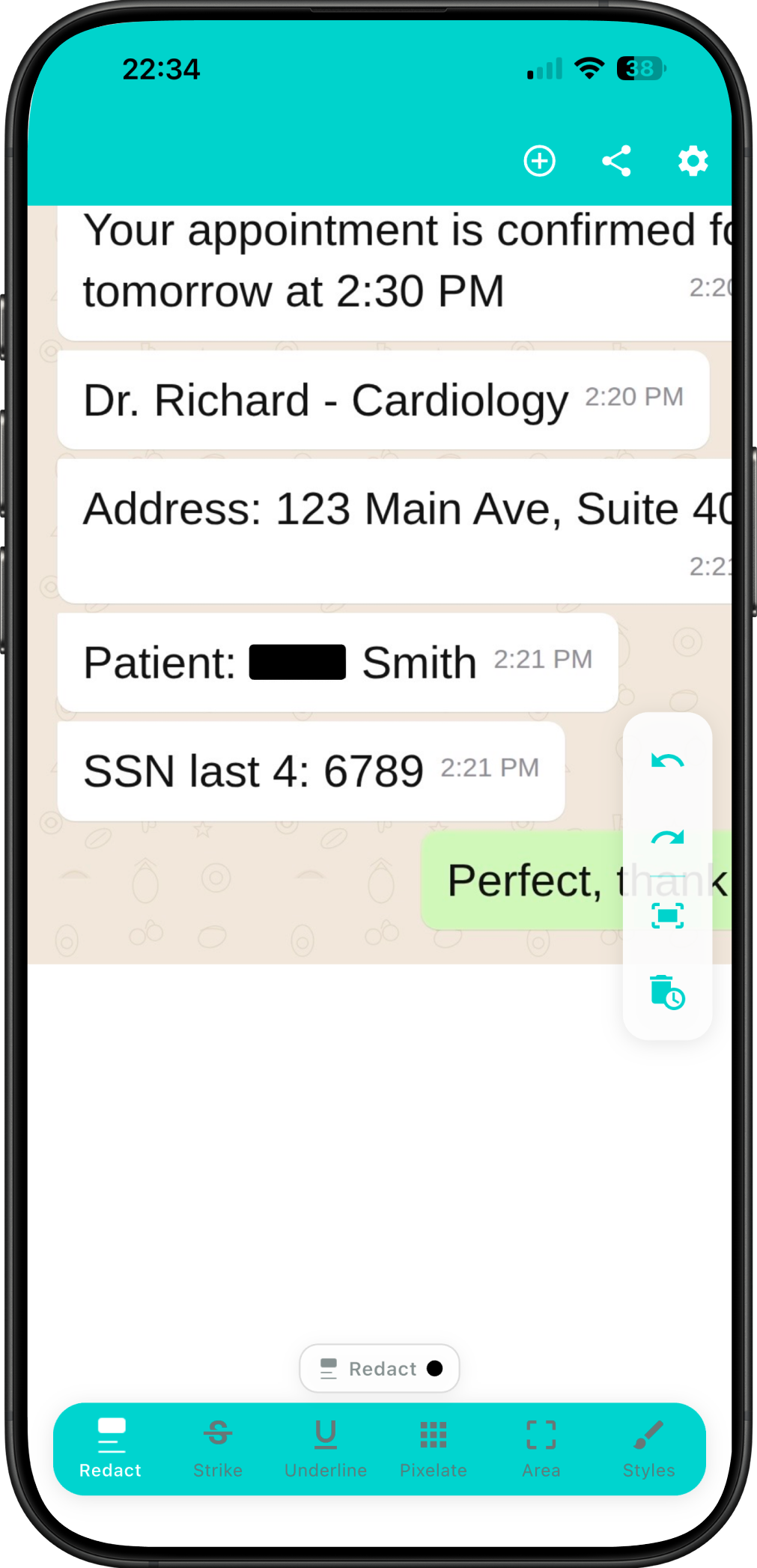 Tap on detected text to redact it