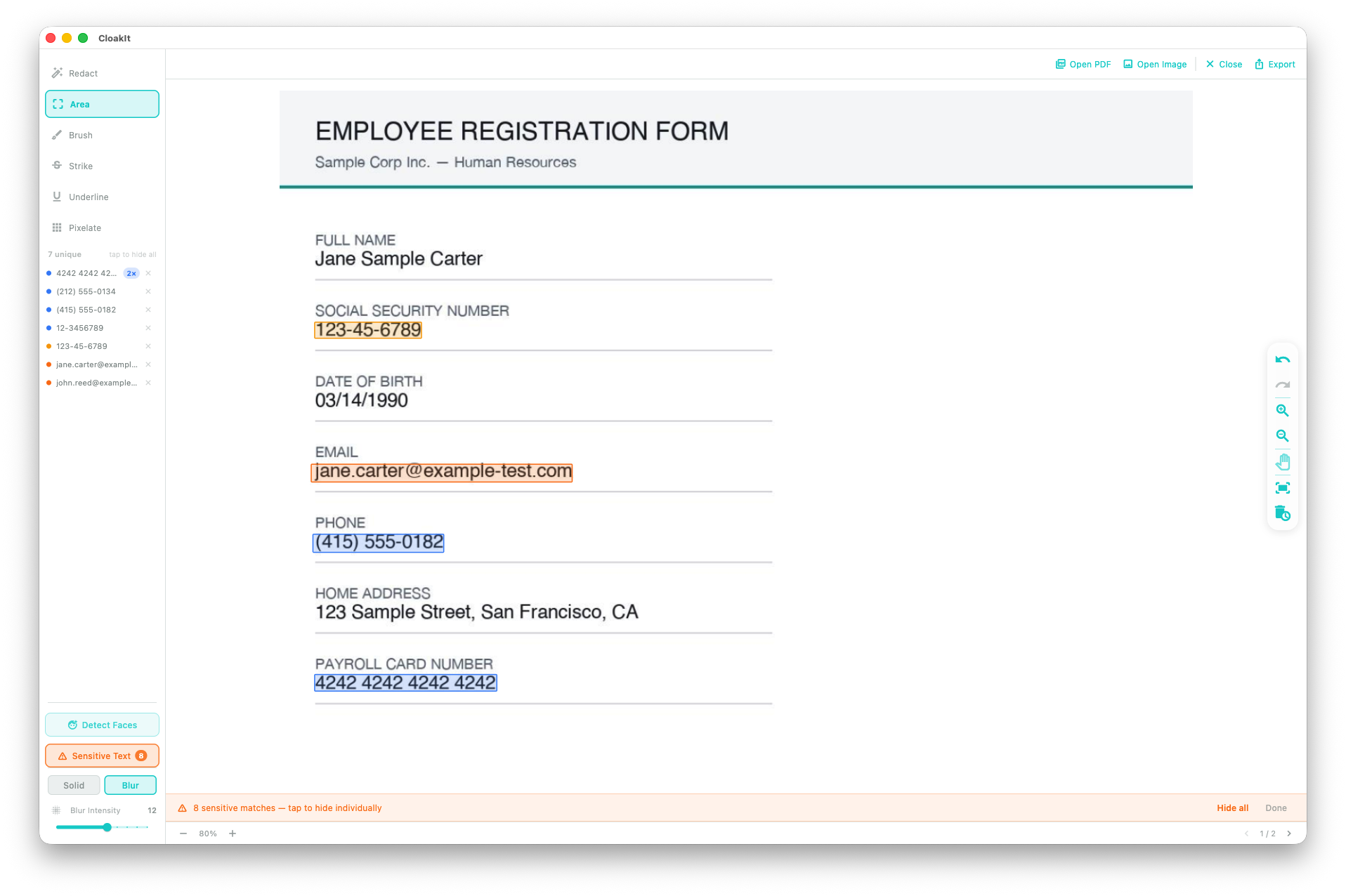 Sensitive data detected automatically, listed in the sidebar