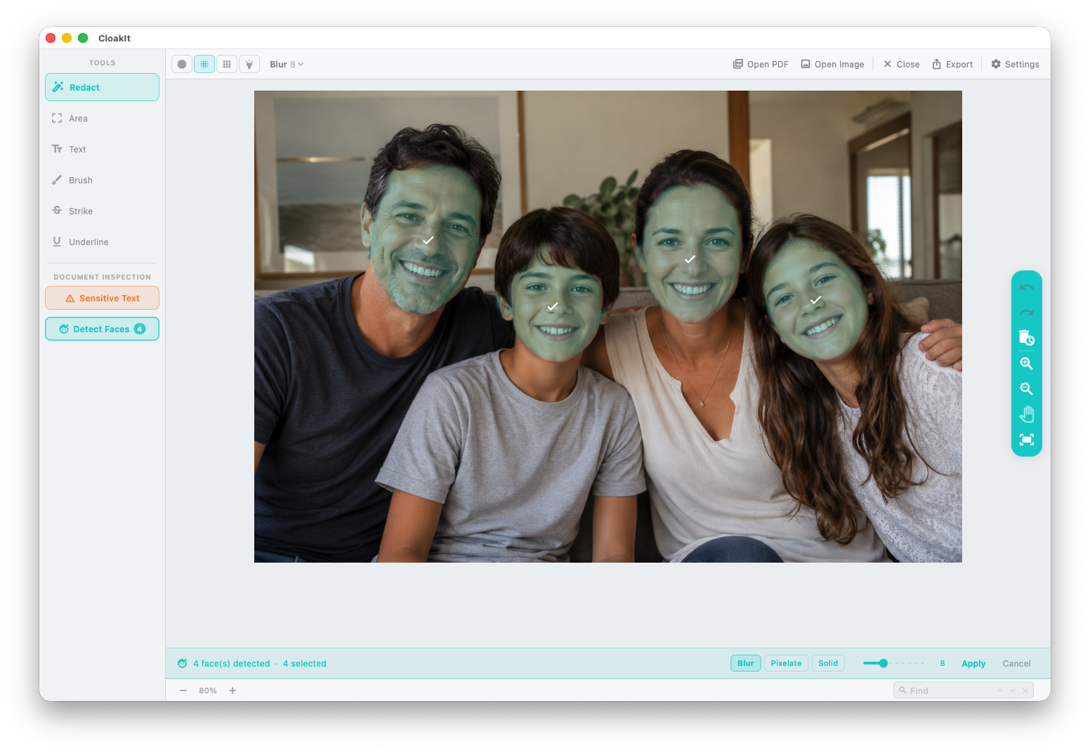 Rostros detectados en una foto, cada uno contorneado y seleccionado