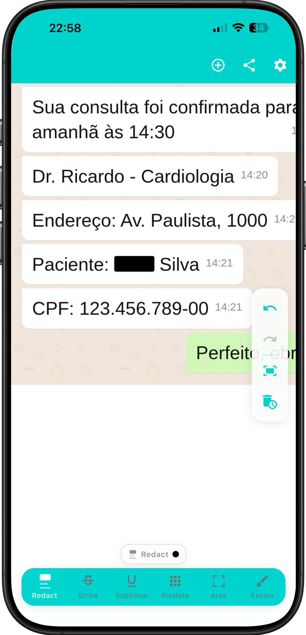 Toque no texto detectado para ocultar